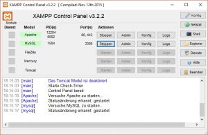 XAMPP Control Panel, Apache und MySQL-Datenbank sind gestertet