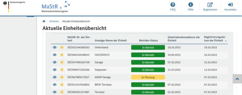 Screenshot Marktstammdatenregister - Auflistung registierter Einheiten