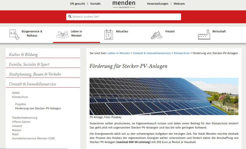 Förderung fü Stecker-PV-Anlagen der Stadt Menden (Sauerland)