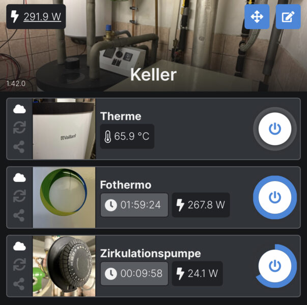 fothermo, Zirkulationspumpe und Warmwasserspeicher in der Shelly App