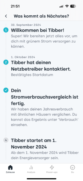 Bearbeitungsstand des Stromanbieterwechsel in der Tibber App